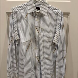 Etro White Dress Shirt with Blue Pinstripes and Brown Accents
